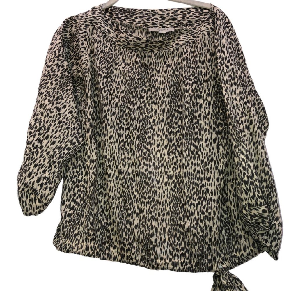 ALL SAINTS BEIGE BLACK CHEETAH ANIMAL PRINT TIE FRONT 100% cotton tunic …